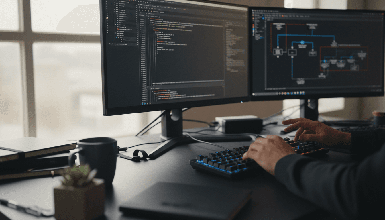Developer working on infrastructure automation at a professional workspace with dual monitors
