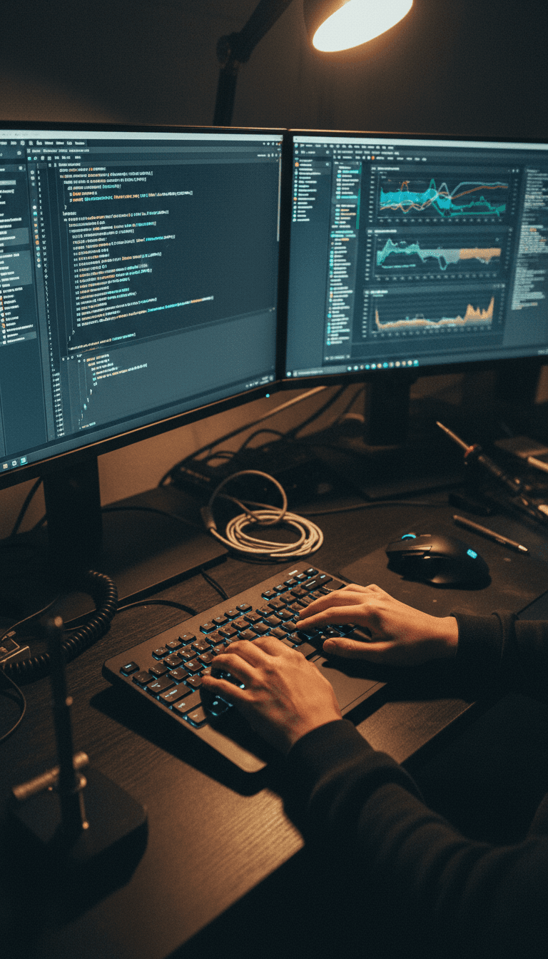 Developer working with infrastructure automation code on multiple displays